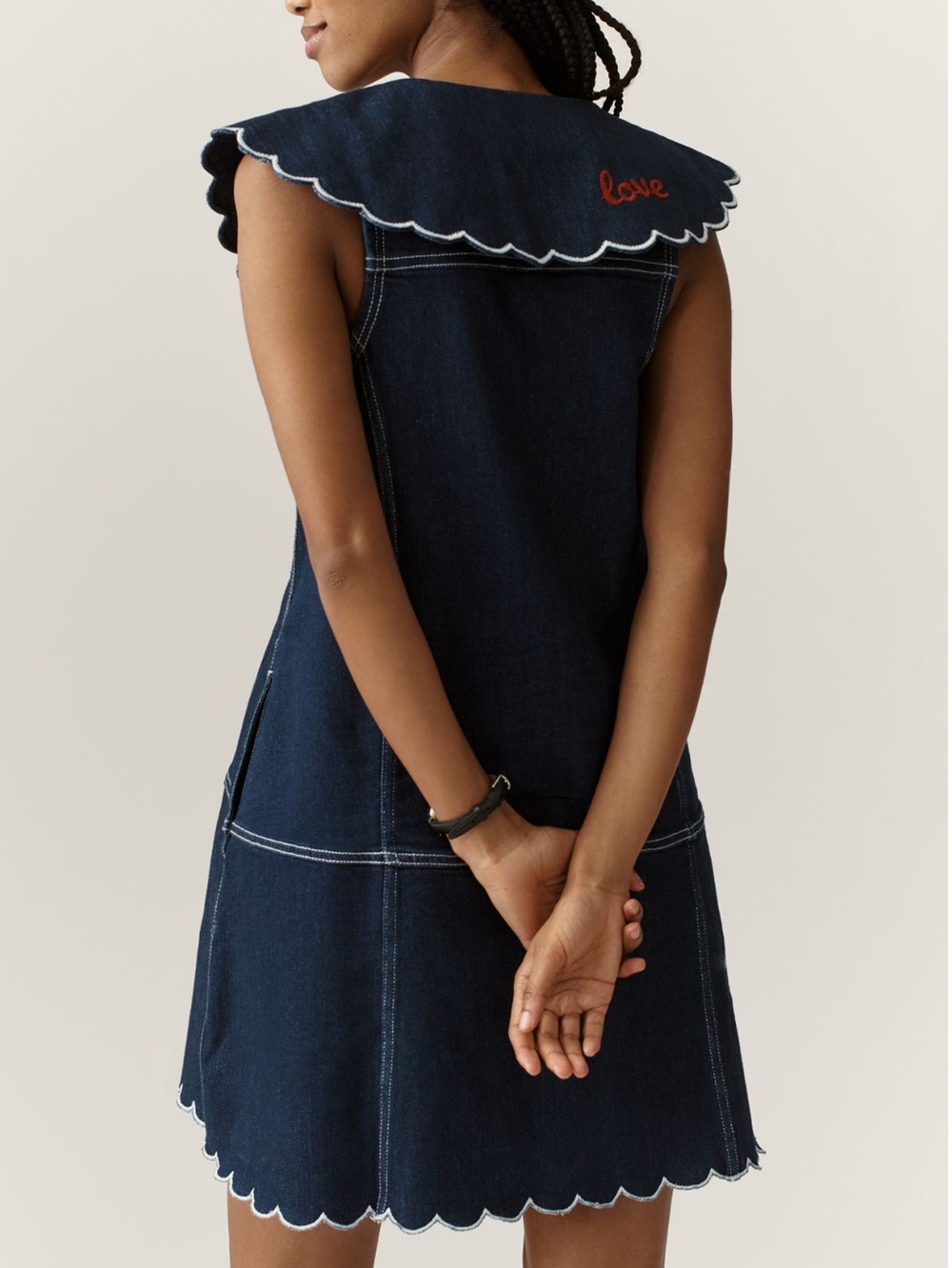 ❣️Anthropologie Scalloped Denim Button Down Dress Pilcro Blue Embroidered Love